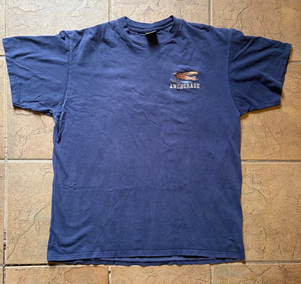 Vintage Anchorage Alaska Seaplane Embroidered Navy T-Shirt Adult XL 100% Cotton